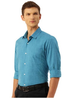 Peter England Peter England Men's Slim Fit Full Sleeve Formal Textured Solid Shirt | Festive Duo-Tone Colour | 100% Cotton Medium Blue  - Image 5