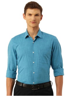 Peter England Peter England Men's Slim Fit Full Sleeve Formal Textured Solid Shirt | Festive Duo-Tone Colour | 100% Cotton Medium Blue  - Image 4