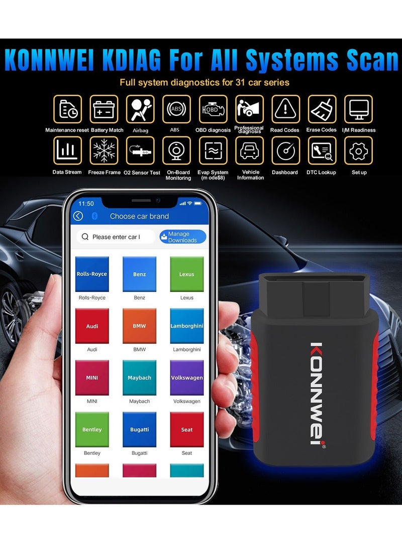 Konnwei جهاز K DIAG OBD2 Scanner BT أداة تشخيص ABS SRS كاملة النظام مع استرجاع إعادة الضبط لنظام ECM BCM SRS TCM BMS SAS A/C - Image 2