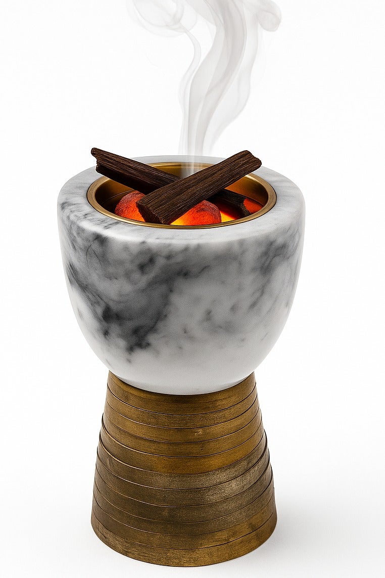 فيندكس مبخرة فاخرة من الرخام والخشب - مبخرة عود مصنوعة يدويًا مع وعاء من النحاس الذهبي - ديكور عطري أنيق للمنزل والمكتب والمجلس والهدايا - Image 1