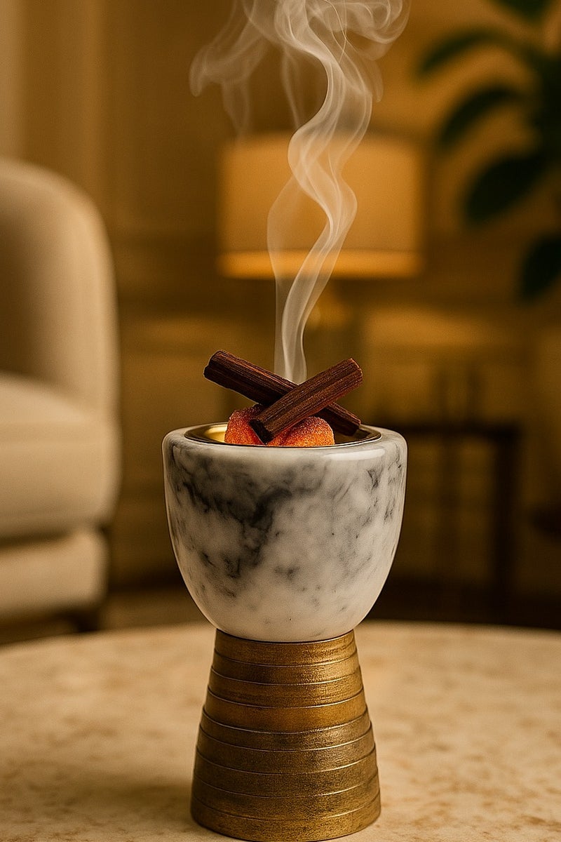 فيندكس مبخرة فاخرة من الرخام والخشب - مبخرة عود مصنوعة يدويًا مع وعاء من النحاس الذهبي - ديكور عطري أنيق للمنزل والمكتب والمجلس والهدايا - Image 2