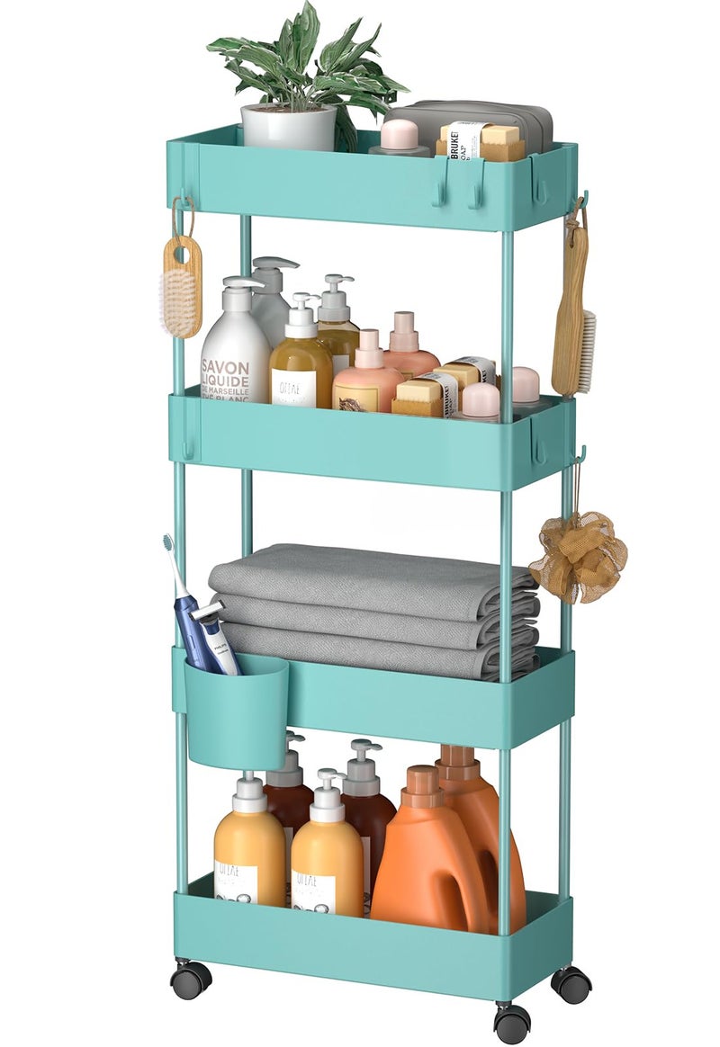Pipishell Pipishell Slim Storage Cart with Wheels 4 Tier Bathroom Storage Organizer Rolling Utility Cart for Bathroom Kitchen Laundry Room Office Narrow Place Turquoise 