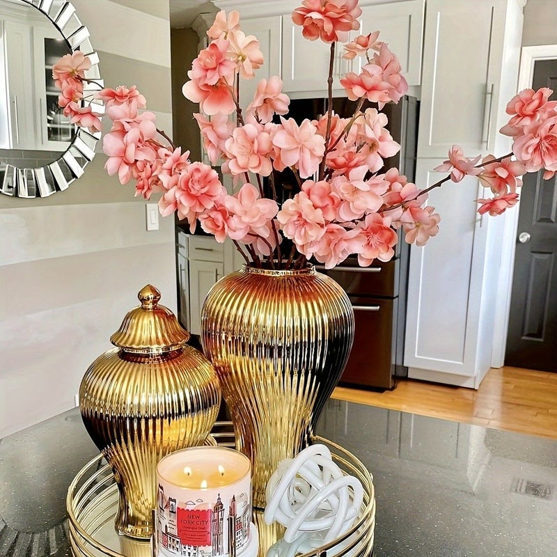 قطعة واحدة من جرة الزنجبيل الخزفية البيضاء الذهبية المتوسطة مع غطاء لديكور المنزل - Image 1