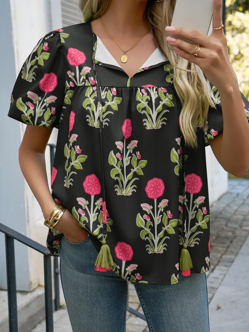 Cicy Bell Womens Boho Floral Blouses Short Puff Sleeve V Neck Babydoll Shirts Flowy Tie Front Tops Black - Image 2