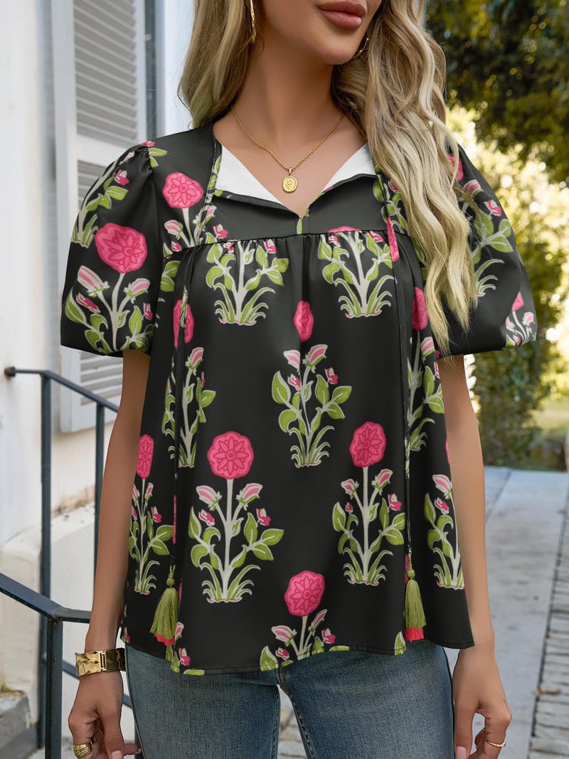 Cicy Bell Womens Boho Floral Blouses Short Puff Sleeve V Neck Babydoll Shirts Flowy Tie Front Tops Black - Image 4