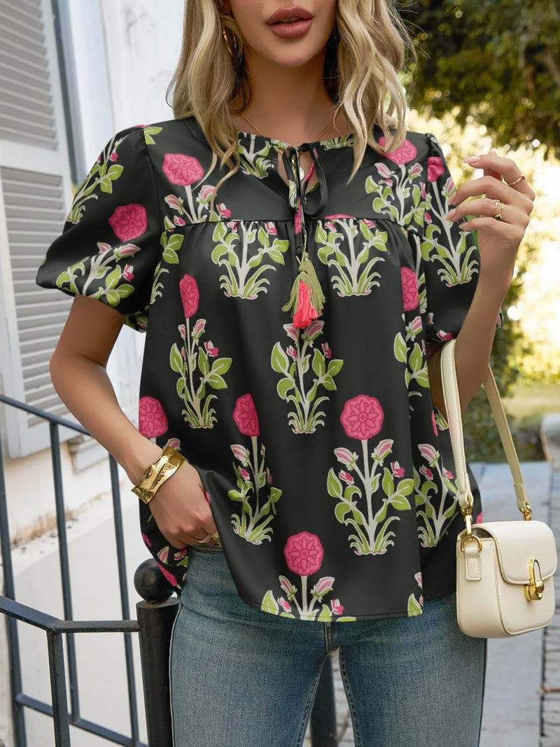 Cicy Bell Womens Boho Floral Blouses Short Puff Sleeve V Neck Babydoll Shirts Flowy Tie Front Tops Black - Image 3