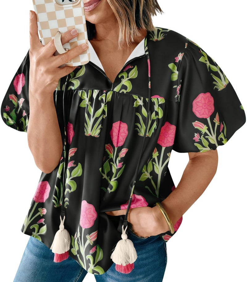 Cicy Bell Womens Boho Floral Blouses Short Puff Sleeve V Neck Babydoll Shirts Flowy Tie Front Tops Black - Image 1