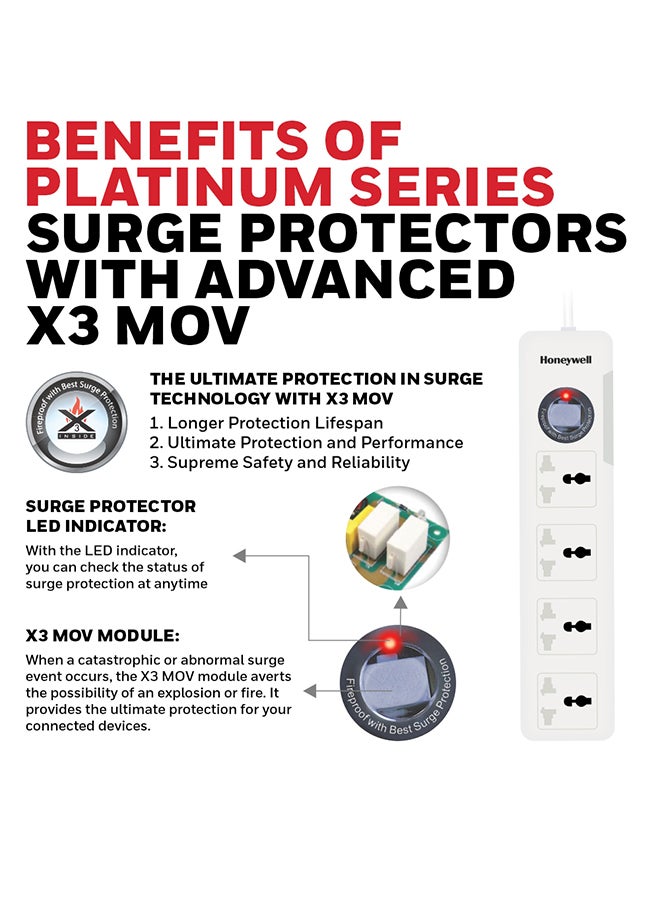 Honeywell 4 Out Surge Protector With Master Switch Spike Guard/Extension Board/Power Strip With 1.5 Meter Extenstion Cord 918 Joules Dsw Automatic Over Heat And Overcurrent Protection 3 Yrs Manufacturer Warranty White White-Platinum Series - Image 4