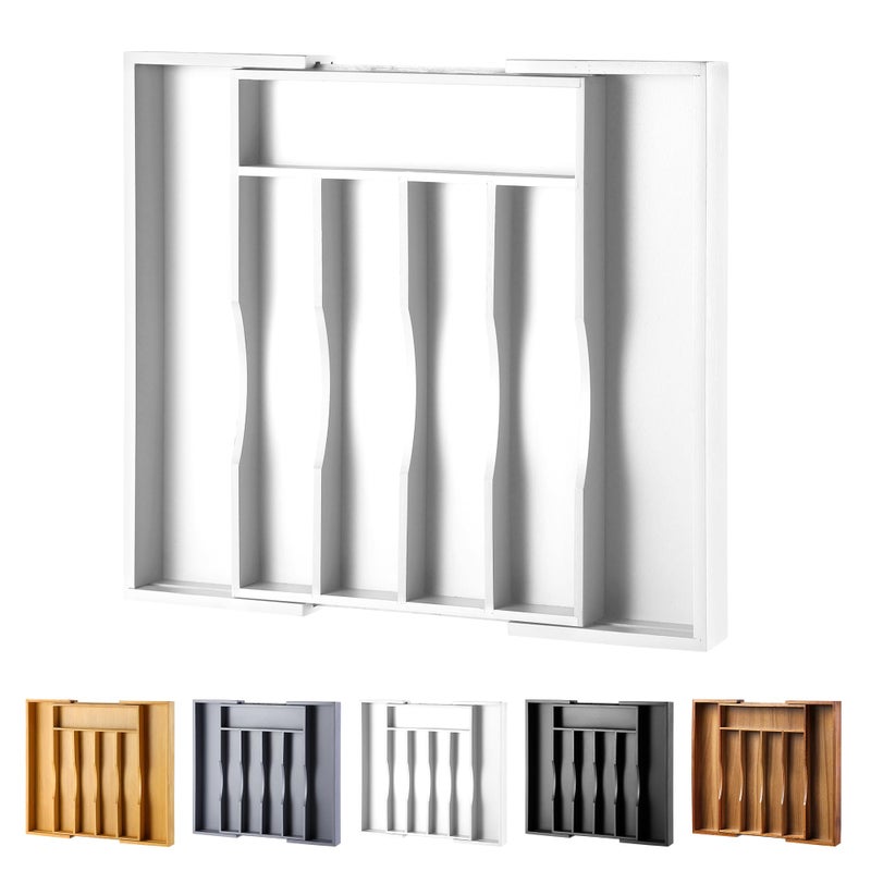 oridom Expandable Bamboo Kitchen Drawer Organizer for Cutlery and Utensils Adjustable Bamboo Wood Cutlery Tray in Drawer for Flatware and Silverware in Kitchen White