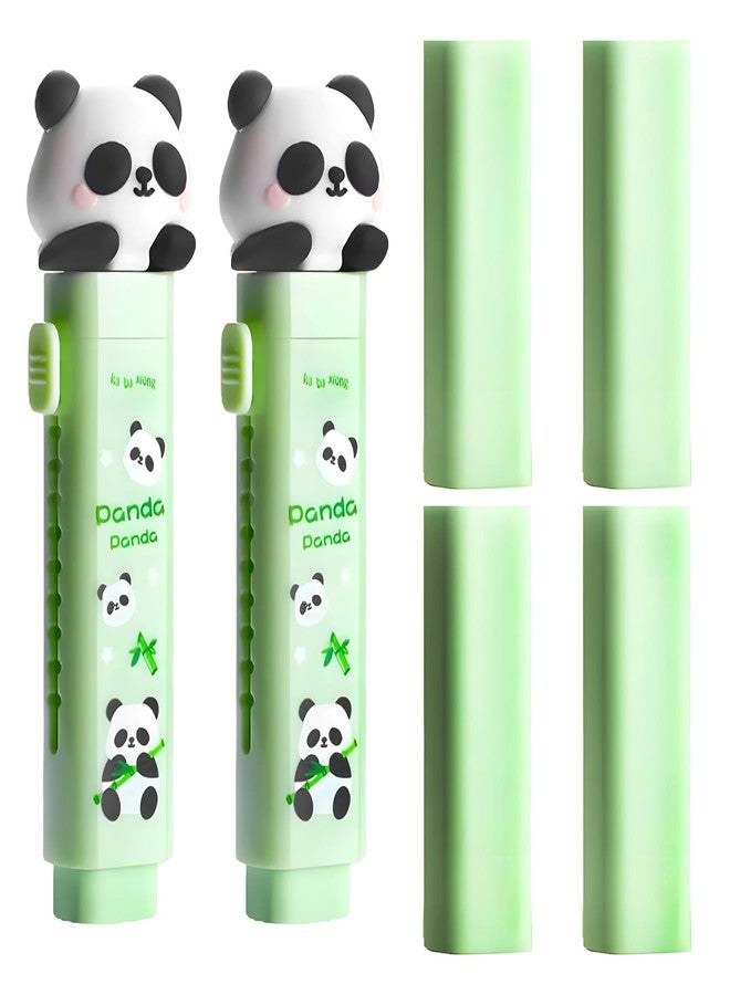 WISHKEY Panda Theme Pencil Eraser for Girls and Boys, Fancy Erasers for Kids, Cute Retractable Erasers with Protective Case, Stylish Eraser for School Students, Big Eraser (Pack of 2, Green) - Image 1