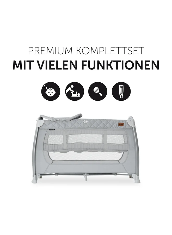 hauck Travel Cots Play N Relax Center Foldable, Wheeled, Newborn Attachment, Changing Top, Side Pocket, Easy To Fold, Tilt - Resistant Design , Modern Style, For Babies Up To 15 Kg - Grey