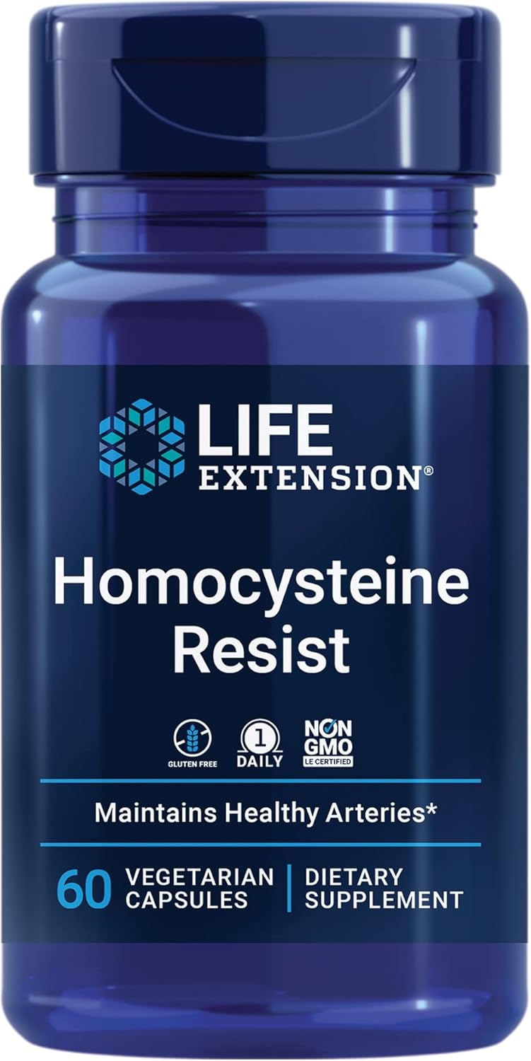 Life Extension مكمل دعم صحة القلب والدماغ والتركيز من لايف إكستينشن هوموسيستين ريزست 60 كبسولة نباتية خالية من الجلوتين وغير معدلة وراثيًا - Image 1