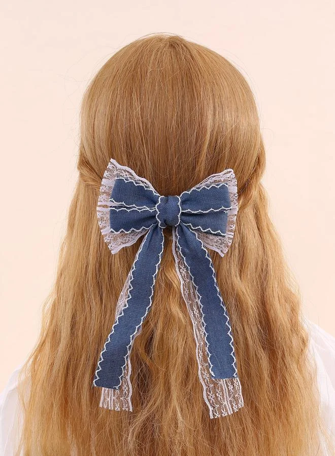 تايك تو Girls Dark Blue Denim Lace Details Bow Hair Clip