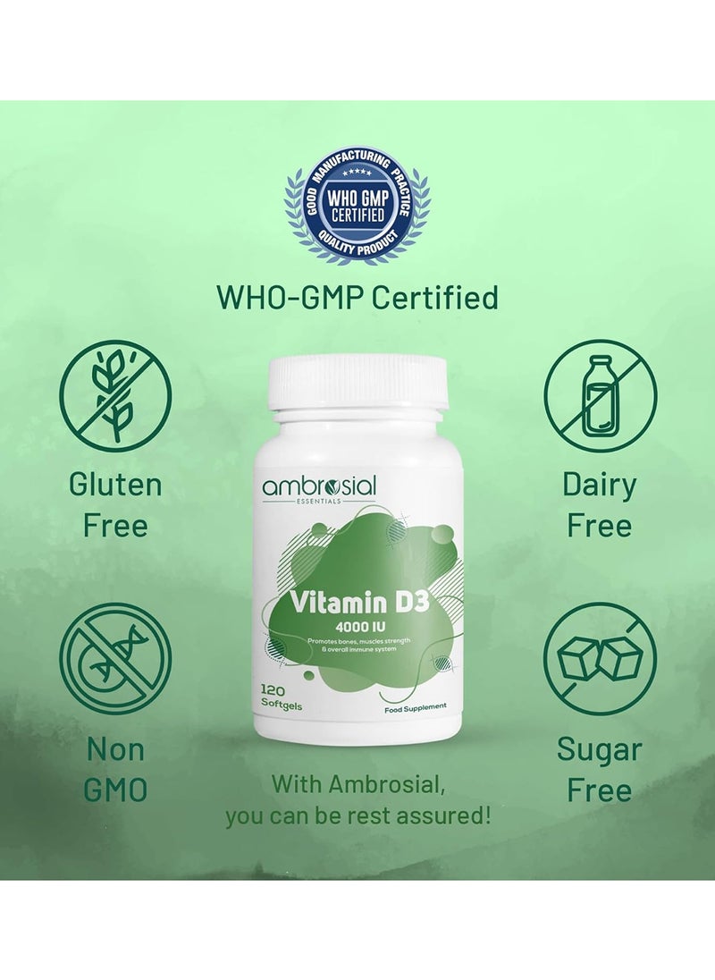 ambrosial - Vitamin D3 4000 IU (100 mcg) Vitamin D Tablets for Healthy Bones and Teeth Vitamin D 4000iu Supports Immunity and Muscle Function Gluten Free (Pack of 1-120 Softgels) - Image 1