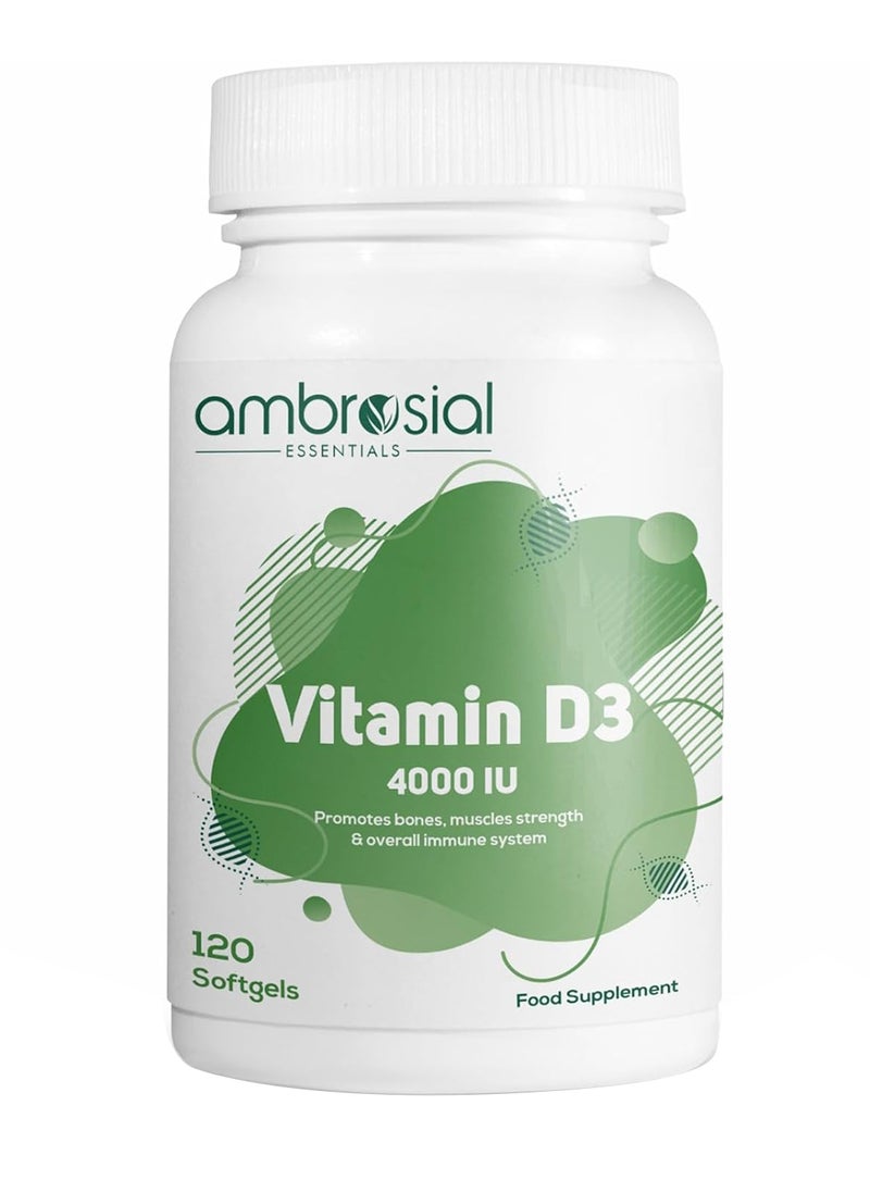ambrosial - Vitamin D3 4000 IU (100 mcg) Vitamin D Tablets for Healthy Bones and Teeth Vitamin D 4000iu Supports Immunity and Muscle Function Gluten Free (Pack of 1-120 Softgels) - Image 1