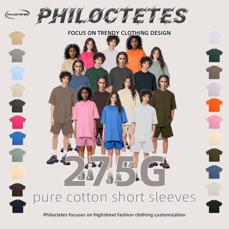 2025 Spring And Trendy Brand Ins Heavyweight Double Yarn T-Shirt 275G American Pure Color Youth Short-Sleeved Men'S T-Shirt - Image 2