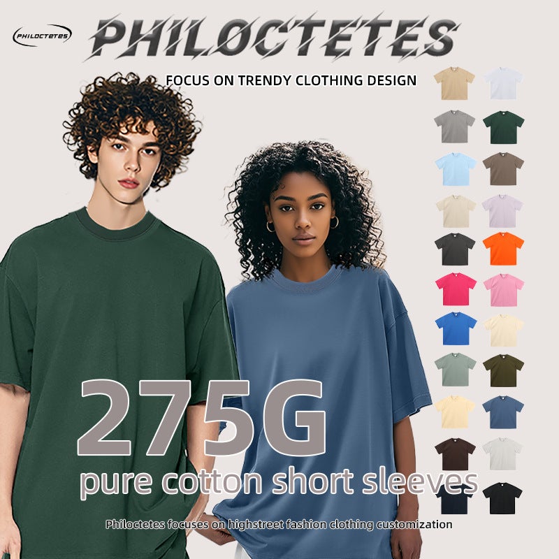 2025 Spring And Trendy Brand Ins Heavyweight Double Yarn T-Shirt 275G American Pure Color Youth Short-Sleeved Men'S T-Shirt - Image 4