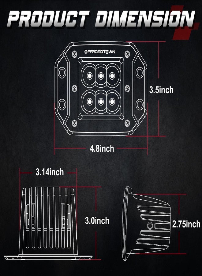 OFFROADTOWN مصابيح LED مثبتة بشكل مسطح من OFFROADTOWN، صفراء، 5 بوصات، 12000 لومن، مصابيح قيادة LED من نوع CREE، مصابيح ضباب LED، مصابيح خلفية، مصابيح احتياطية كهرمانية، مصابيح للطرق الوعرة للشاحنات، سيارات البيك أب، سيارات الجيب، سيارات الدفع الرباعي، القوارب، سيارات الدفع الرباعي - Image 2