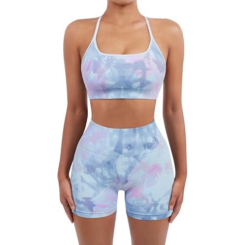 SUUKSESS Women Seamless 2 piece Workout Sets Strappy Padded Sports Bra Booty High Waisted Shorts Outfits (Candy Tie Dye,L) - Image 2