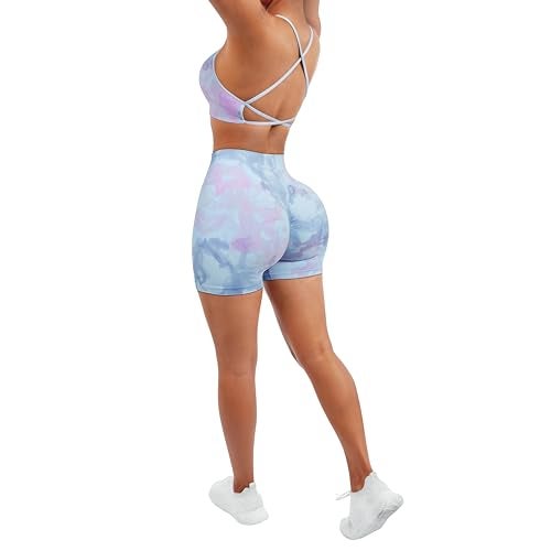 SUUKSESS Women Seamless 2 piece Workout Sets Strappy Padded Sports Bra Booty High Waisted Shorts Outfits (Candy Tie Dye,L) - Image 3