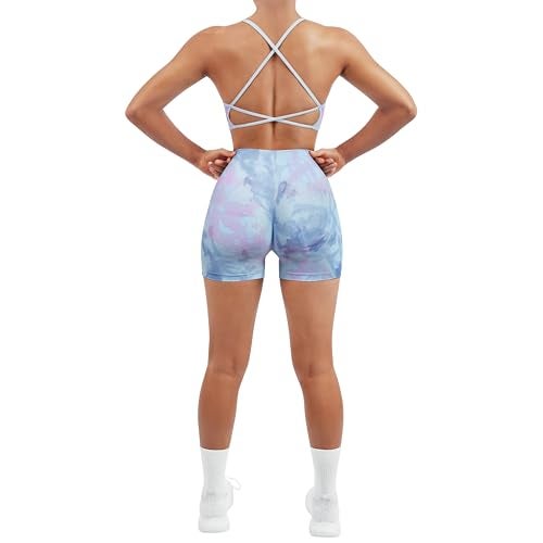 SUUKSESS Women Seamless 2 piece Workout Sets Strappy Padded Sports Bra Booty High Waisted Shorts Outfits (Candy Tie Dye,L) - Image 4