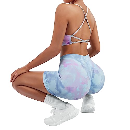 SUUKSESS Women Seamless 2 piece Workout Sets Strappy Padded Sports Bra Booty High Waisted Shorts Outfits (Candy Tie Dye,L) - Image 5