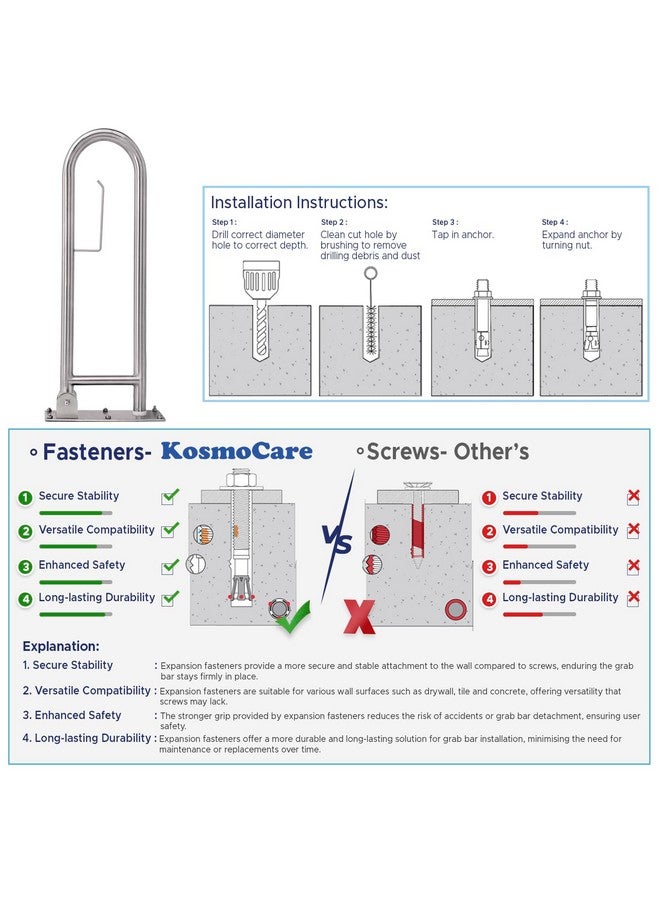 KosmoCare Heavy Duty SS304 Stainless Steel 25 mm Swing-up Toilet Grab Bar - 24 inches - Image 4