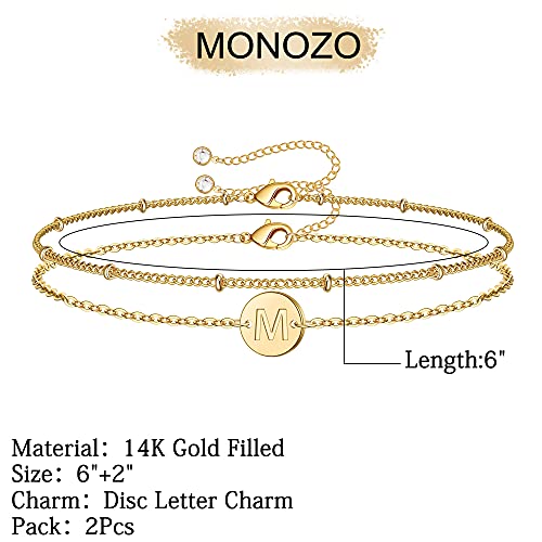 MONOZO 14K-Gold-Plated Bracelets for Women Gifts, 14K-Gold-Plated Plated Layered Beaded M Letter Initial Bracelet Personalized Disc Monogram Charm Bracelets for Women Mothers Day Gifts for Mom - Image 2