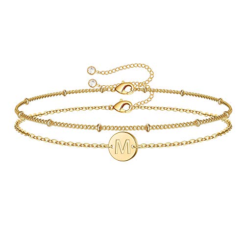 MONOZO 14K-Gold-Plated Bracelets for Women Gifts, 14K-Gold-Plated Plated Layered Beaded M Letter Initial Bracelet Personalized Disc Monogram Charm Bracelets for Women Mothers Day Gifts for Mom - Image 1