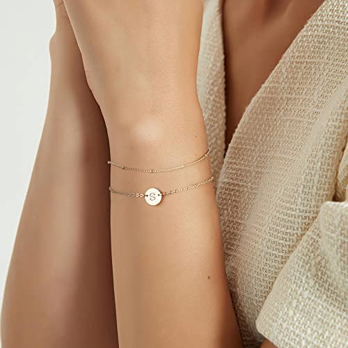 MONOZO 14K-Gold-Plated Bracelets for Women Gifts, 14K-Gold-Plated Plated Layered Beaded M Letter Initial Bracelet Personalized Disc Monogram Charm Bracelets for Women Mothers Day Gifts for Mom - Image 3