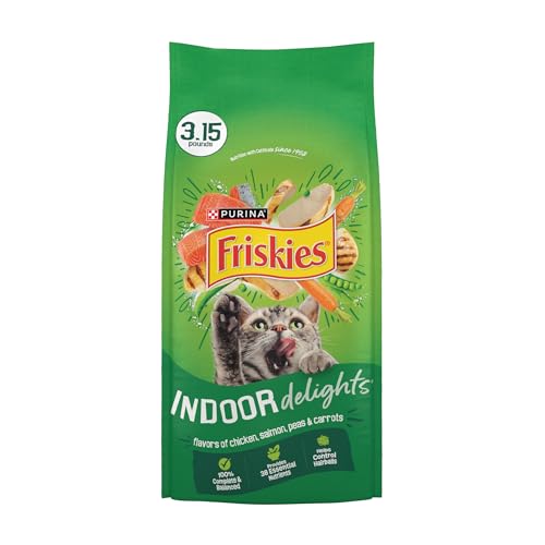 Friskies Purina Friskies Dry Cat Food Indoor Delights Flavors of Chicken Salmon Peas and Carrots Pack of 4 315 lb Bags - Image 1