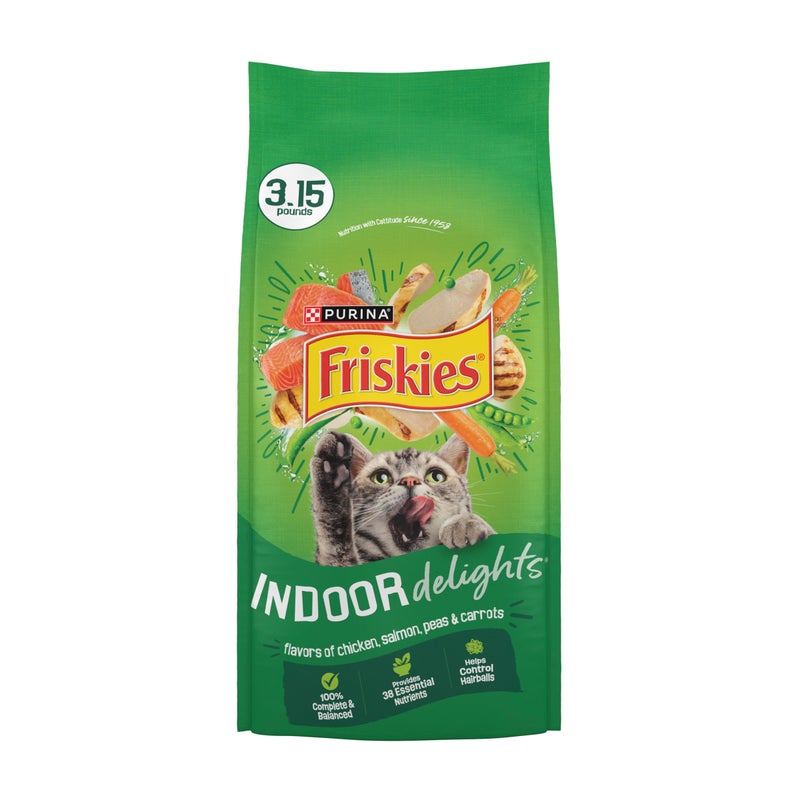 Friskies Purina Friskies Dry Cat Food Indoor Delights Flavors of Chicken Salmon Peas and Carrots Pack of 4 315 lb Bags - Image 2