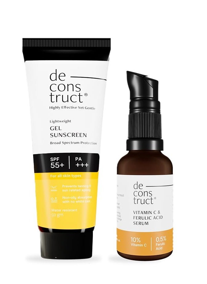 Deconstruct Sun Protect Duo | 10% Vitamin C Face Serum (30 ml) + Gel Sunscreen (50 g) | Get Glowing Skin with Sun Protection  - Image 1