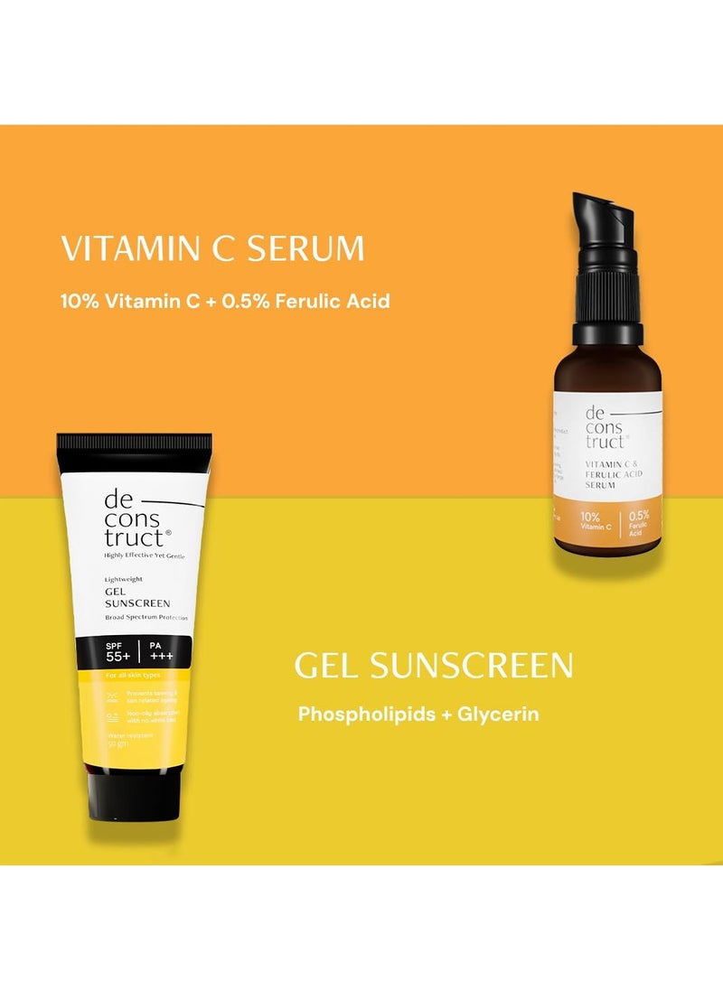 Deconstruct Sun Protect Duo | 10% Vitamin C Face Serum (30 ml) + Gel Sunscreen (50 g) | Get Glowing Skin with Sun Protection  - Image 2
