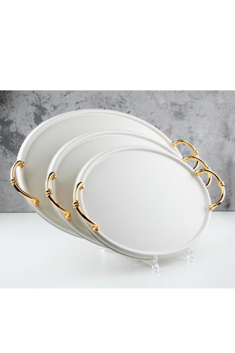3-Piece Steel Serving Tray Set, White/gold