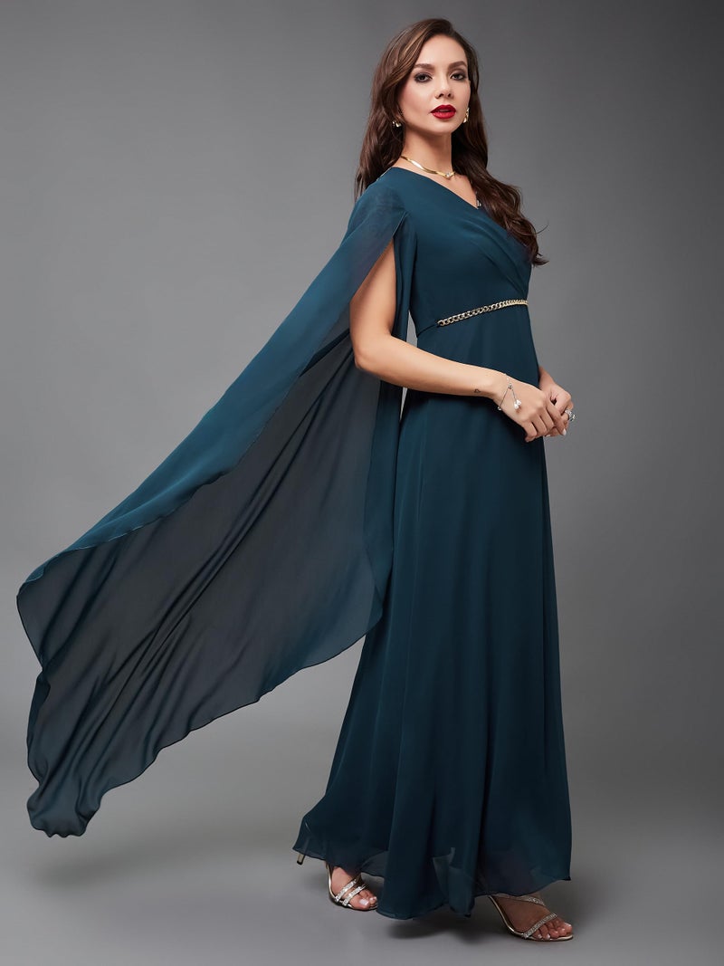 Miss Chase Women's Teal V-Neck Asymmetric Self-Designed Georgette Maxi Dress (MCAW22D06-55-83-03, Teal, S) - Image 3