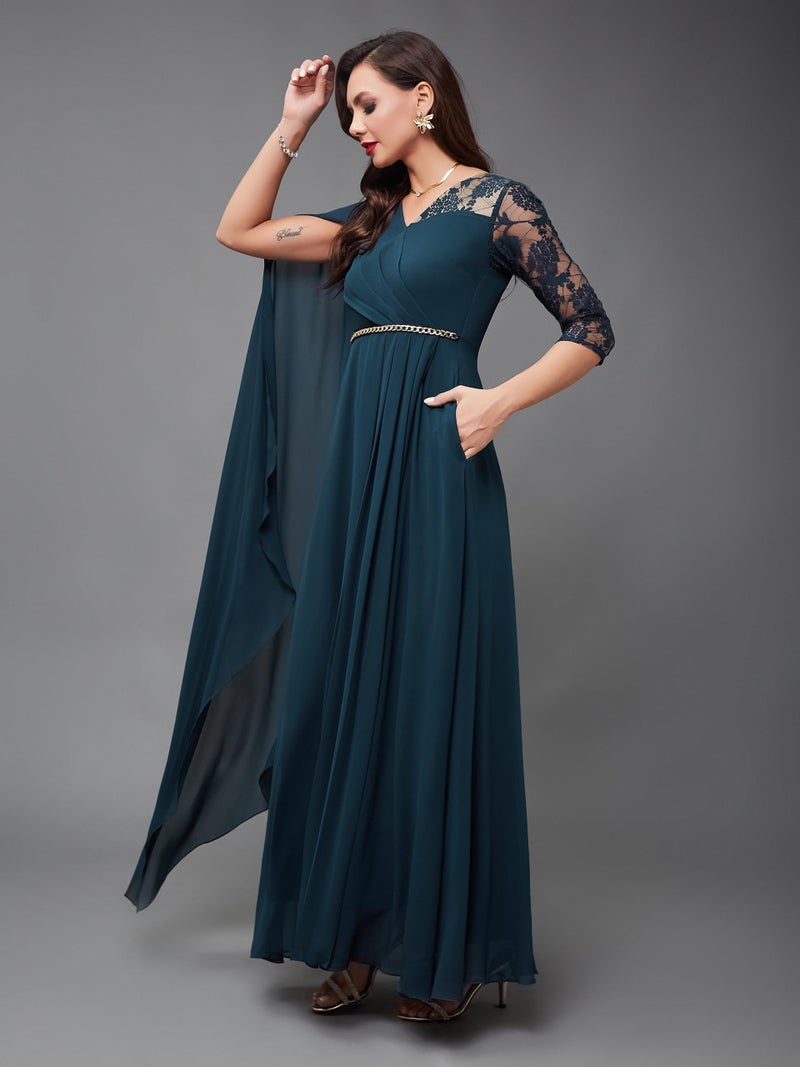 Miss Chase Women's Teal V-Neck Asymmetric Self-Designed Georgette Maxi Dress (MCAW22D06-55-83-03, Teal, S) - Image 2