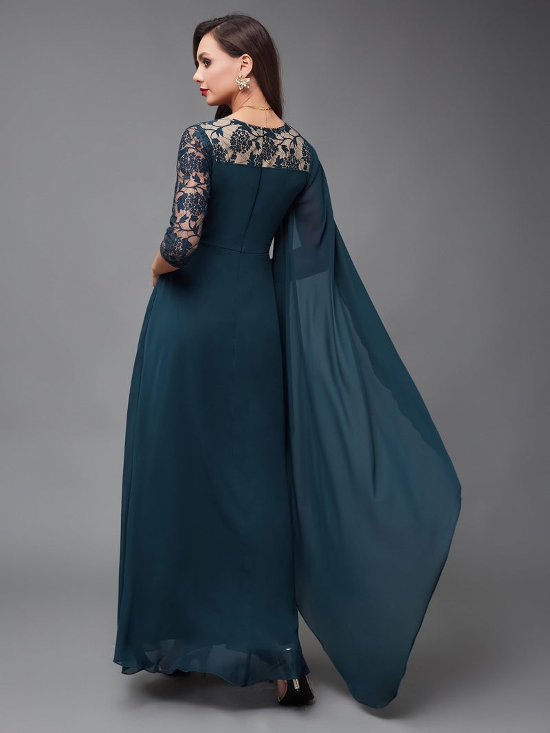 Miss Chase Women's Teal V-Neck Asymmetric Self-Designed Georgette Maxi Dress (MCAW22D06-55-83-03, Teal, S) - Image 4