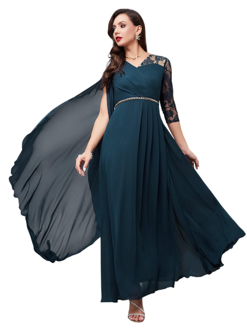 Miss Chase Women's Teal V-Neck Asymmetric Self-Designed Georgette Maxi Dress (MCAW22D06-55-83-03, Teal, S) - Image 1