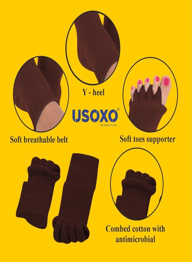 USOXO Foot Alignment Socks|Cotton Finger Toe Separator|Easing Bunion Hammertoe And Arthritis Pain Relief|Improving Posture & Increasing Flexibility|Free Size For Office Yoga Men & Women (Brown) - Image 4