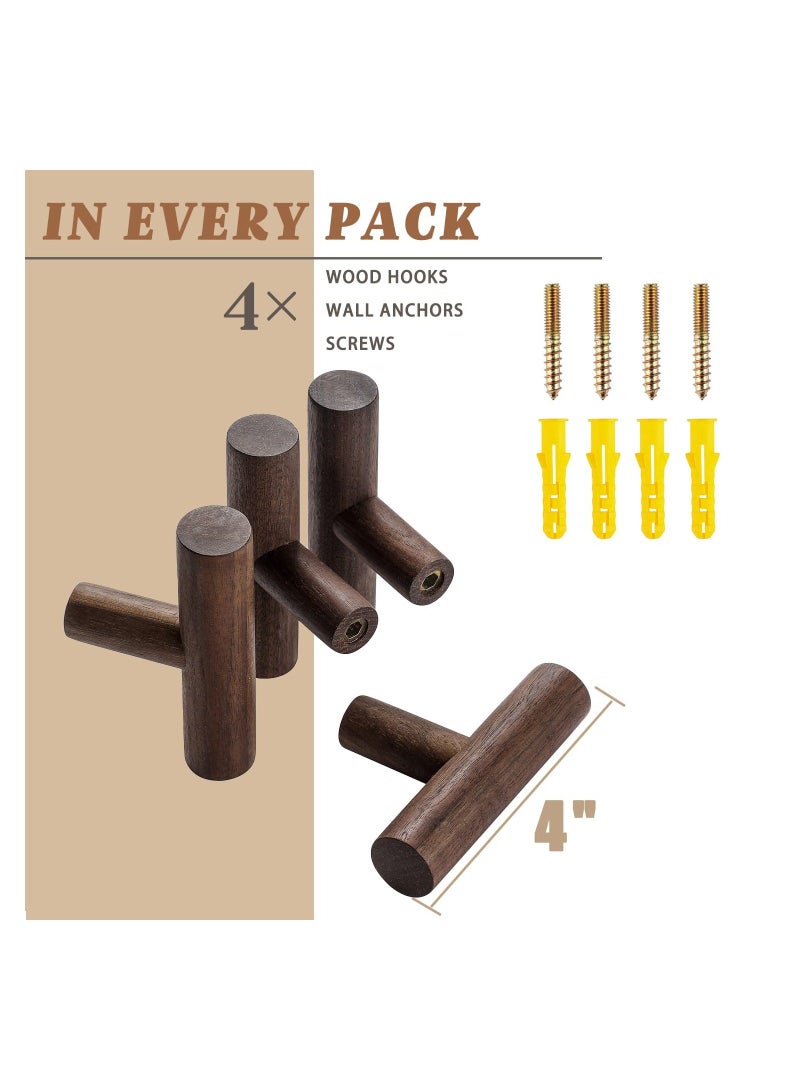 4Pack Walnut Coat Hooks, Wall Mounted Pegs Wooden Organizer Hangers Vintage Single Hooks Natural Wood Hangers Rustic Wall Pegs Minimalist Hook Design for Hanging Hat, Towel, Bag, Rope  - Image 4