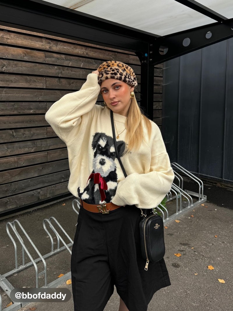 CIDER Womenâ€™s Dog Sweater Long Sleeve Crew Neck Fun Graphic Cute Patterned Pullover Sweater Tops Cream - Image 2