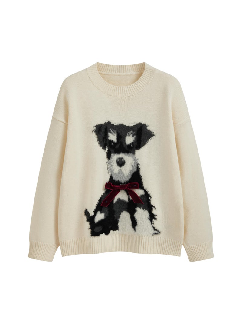 CIDER Womenâ€™s Dog Sweater Long Sleeve Crew Neck Fun Graphic Cute Patterned Pullover Sweater Tops Cream - Image 1