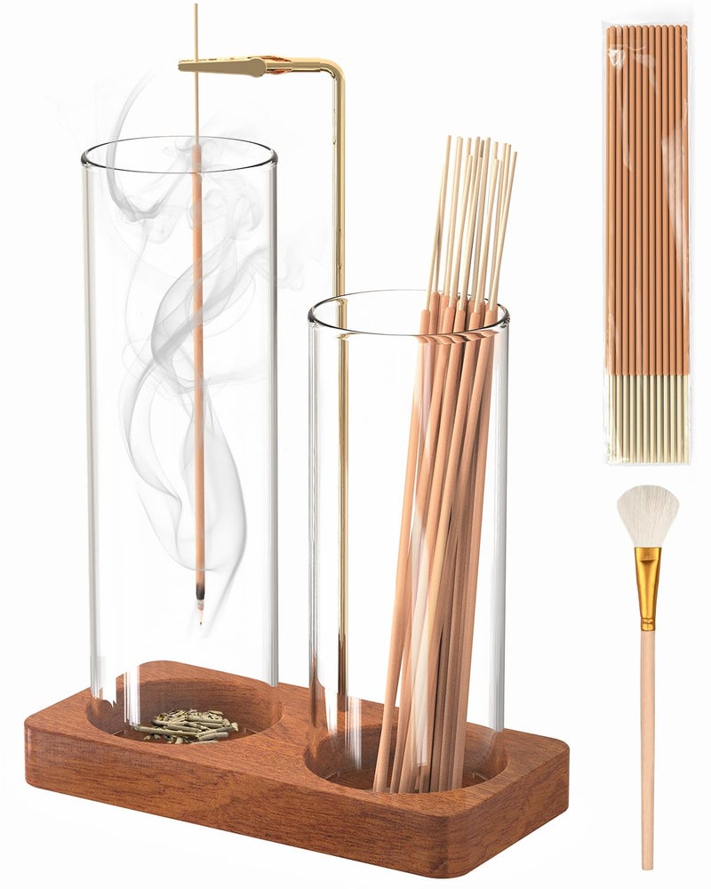 LarFaFa Incense Holder with 7.8" & 5.9" Glass Jars, 2 in 1 Incense Sticks Holder & Ash Catcher, Upside Down Incense Burner with Storage for Meditation, Yoga, Spa, Home Decor, with 20 Incense Sticks & Brush - Image 1
