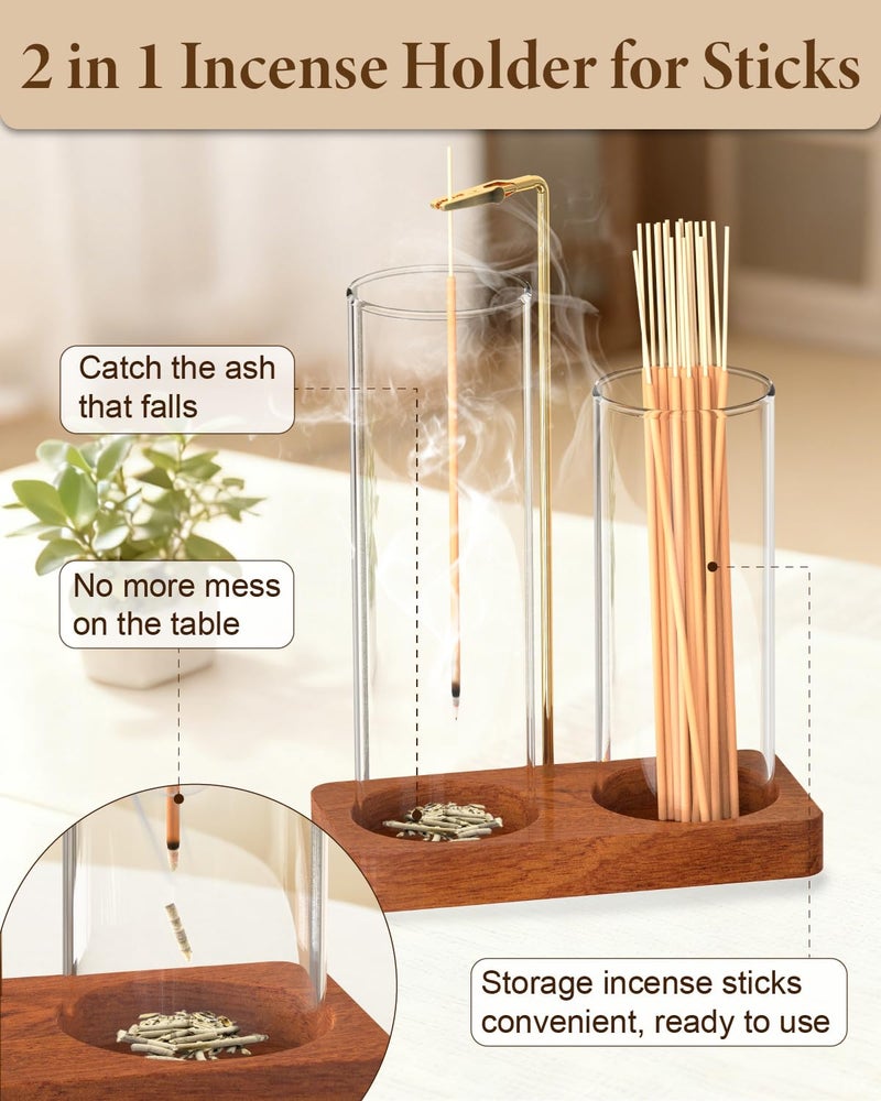 LarFaFa Incense Holder with 7.8" & 5.9" Glass Jars, 2 in 1 Incense Sticks Holder & Ash Catcher, Upside Down Incense Burner with Storage for Meditation, Yoga, Spa, Home Decor, with 20 Incense Sticks & Brush - Image 3