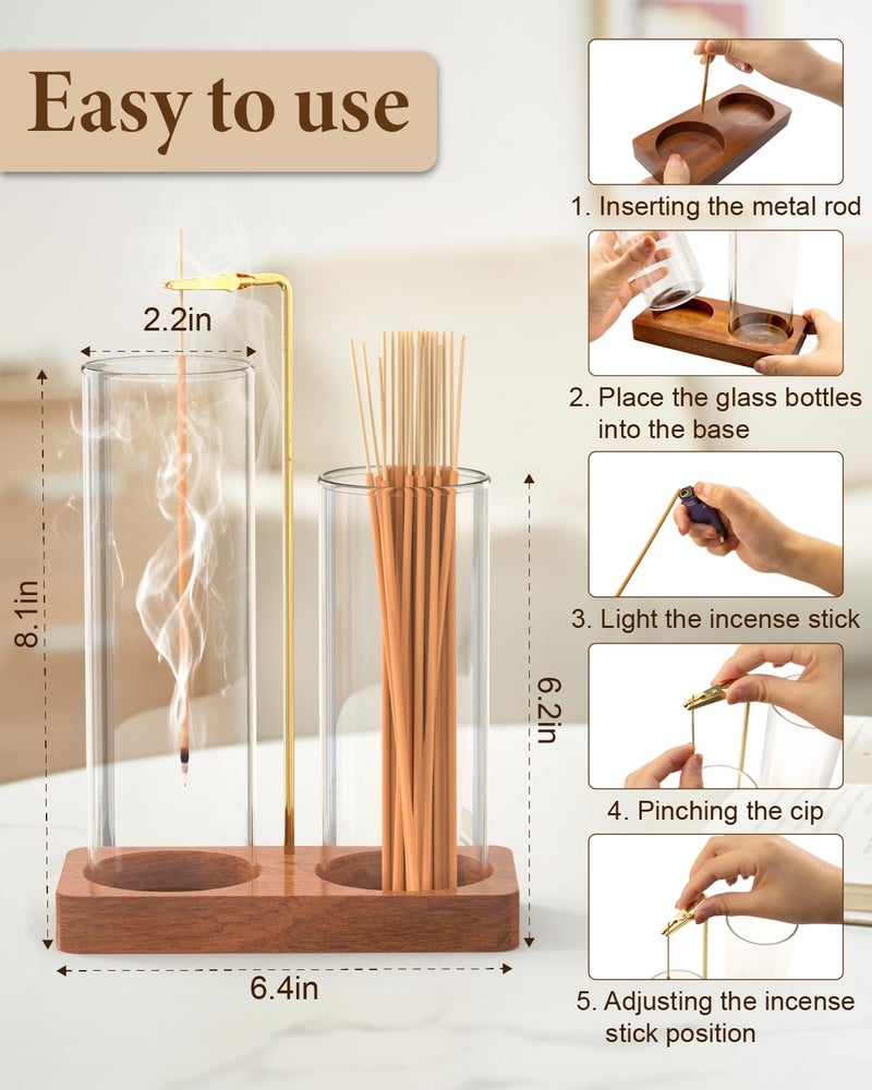LarFaFa Incense Holder with 7.8" & 5.9" Glass Jars, 2 in 1 Incense Sticks Holder & Ash Catcher, Upside Down Incense Burner with Storage for Meditation, Yoga, Spa, Home Decor, with 20 Incense Sticks & Brush - Image 2