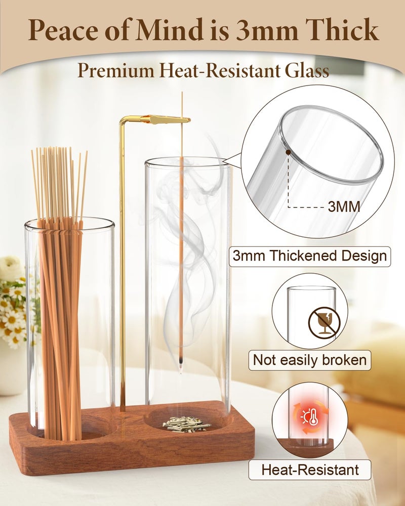 LarFaFa Incense Holder with 7.8" & 5.9" Glass Jars, 2 in 1 Incense Sticks Holder & Ash Catcher, Upside Down Incense Burner with Storage for Meditation, Yoga, Spa, Home Decor, with 20 Incense Sticks & Brush - Image 4