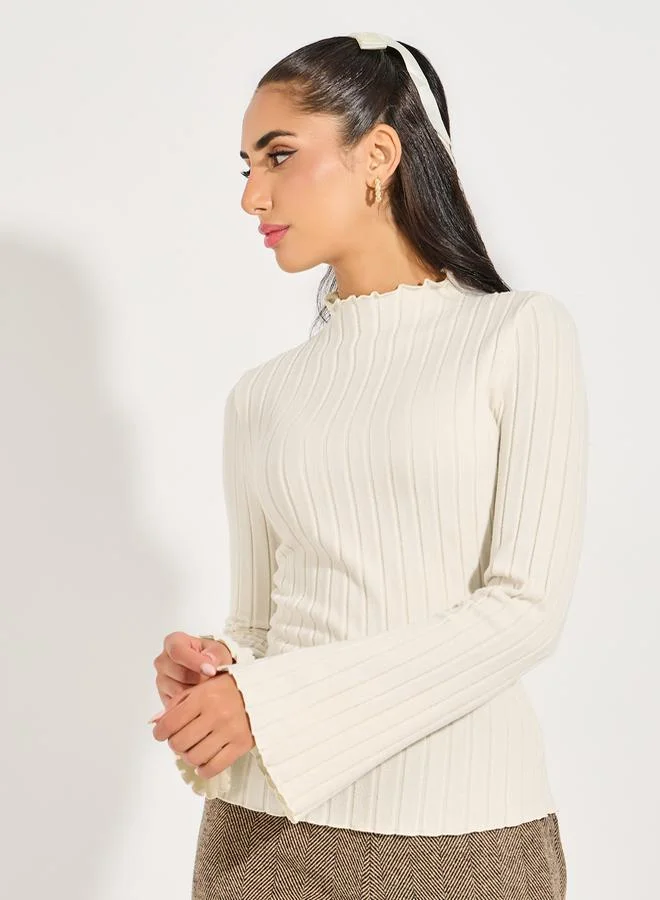Styli Ribbed Knit Top with Flared Sleeves