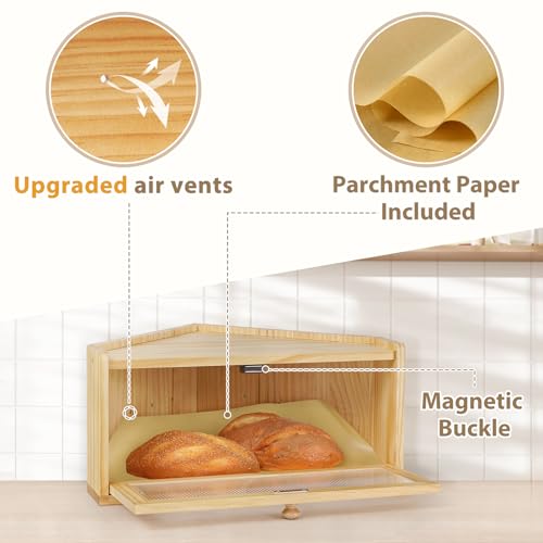 Sunhoo Bread Box for Kitchen Countertop Wooden Corner Breadbox Counter Food Storage Bin Container Farmhouse Rustic Homemade Bread Fresh Keeper Organizer Holder Vintage Stackable with Window Yellow - Image 3