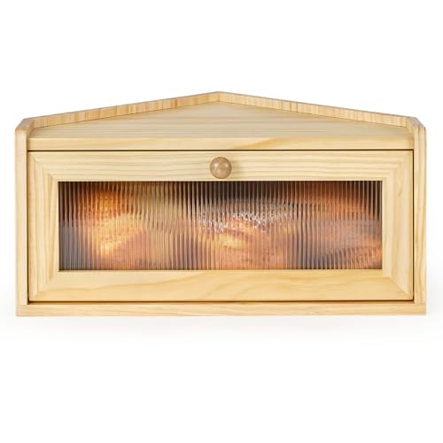 Sunhoo Bread Box for Kitchen Countertop Wooden Corner Breadbox Counter Food Storage Bin Container Farmhouse Rustic Homemade Bread Fresh Keeper Organizer Holder Vintage Stackable with Window Yellow - Image 1
